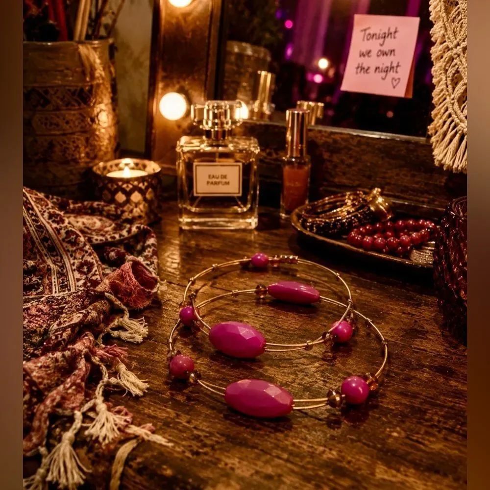 *Boho* Glam Set of 2 Gold Wire Hoop Bracelets with Purple Beads
